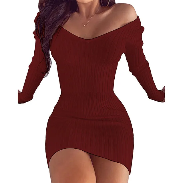 Off Shoulder V-Neck Slim Fit Pencil Dress Mini Dress Choice of 6 Colors Size S-5XL
