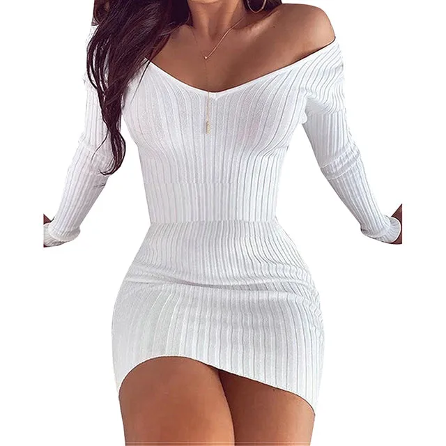 Off Shoulder V-Neck Slim Fit Pencil Dress Mini Dress Choice of 6 Colors Size S-5XL