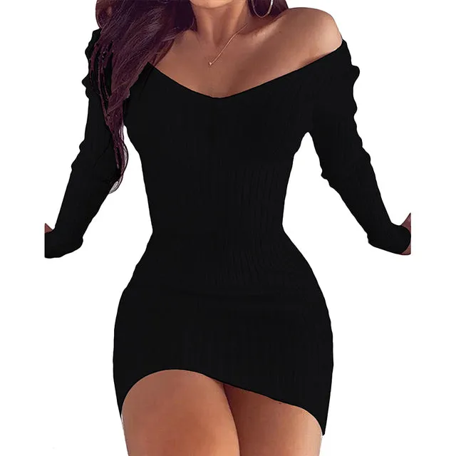 Off Shoulder V-Neck Slim Fit Pencil Dress Mini Dress Choice of 6 Colors Size S-5XL