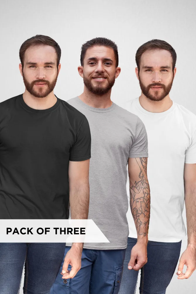Pack Of 3 Plain T-shirts White Black and Grey Melange for Men