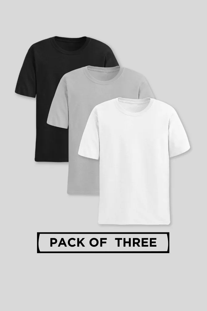Pack Of 3 Plain T-shirts White Black and Grey Melange for Men