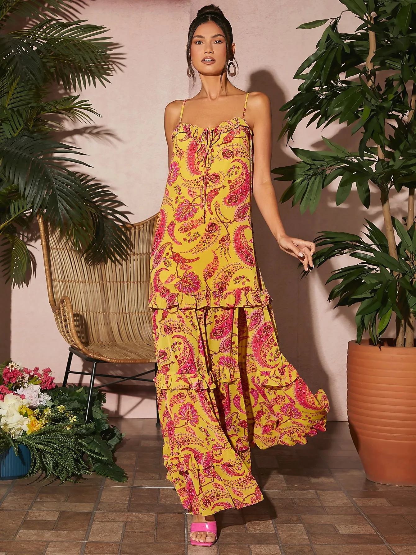 Paisley Print Knot Front Sleeveless Crisscross Backless Layered Hem Maxi Dress