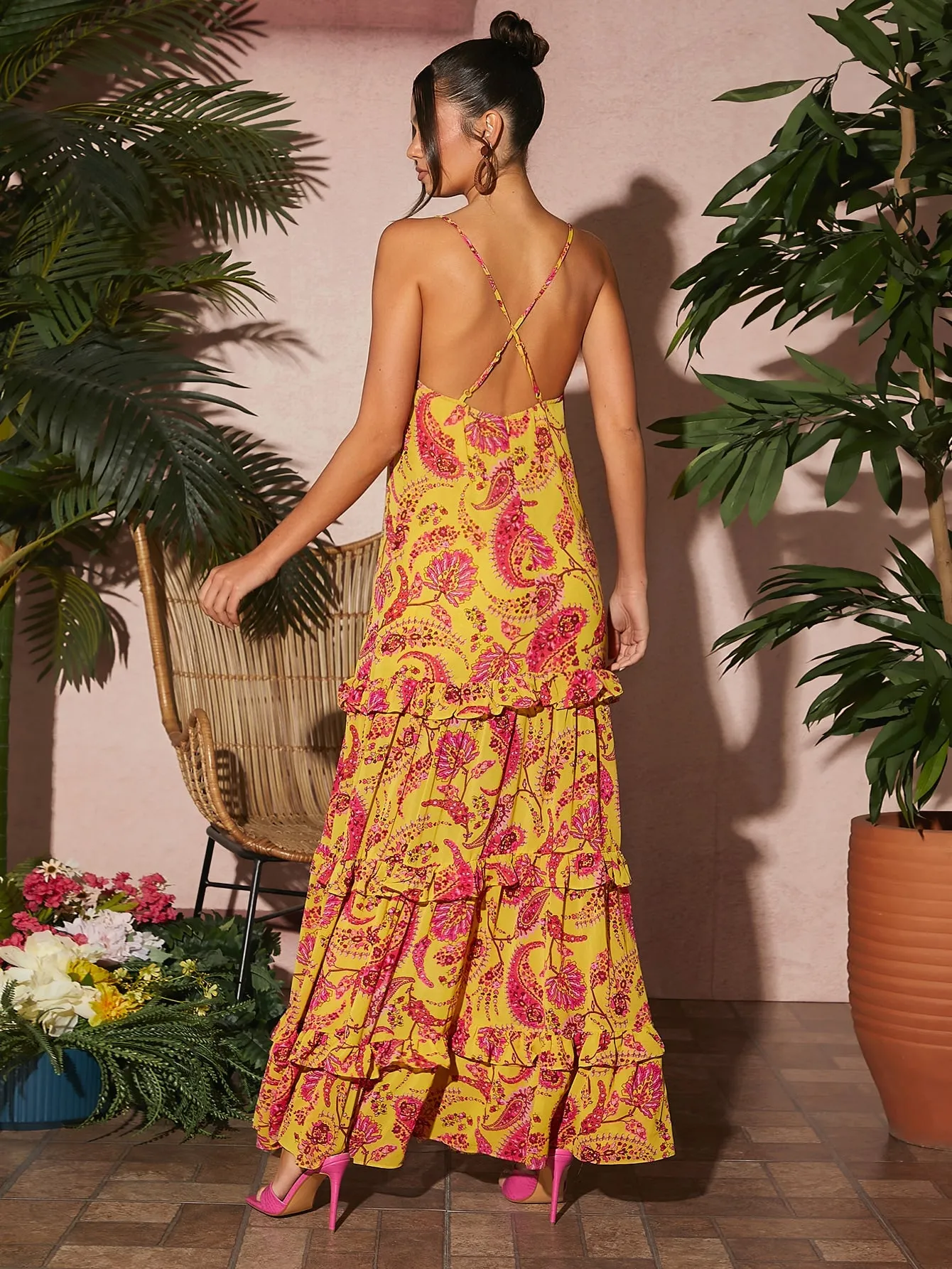 Paisley Print Knot Front Sleeveless Crisscross Backless Layered Hem Maxi Dress
