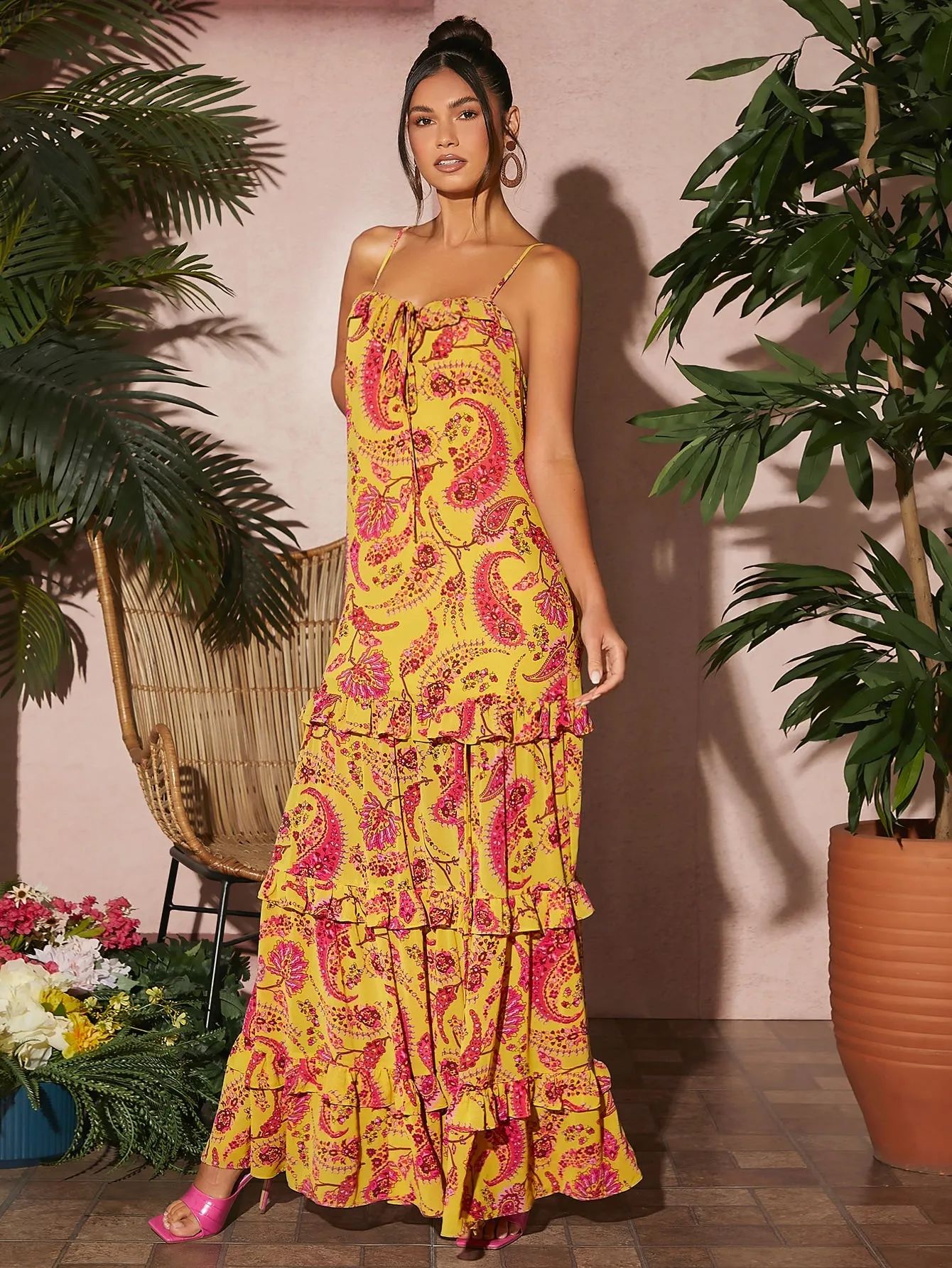 Paisley Print Knot Front Sleeveless Crisscross Backless Layered Hem Maxi Dress