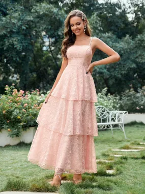 Pink Layered Hem Lace Sleeveless Maxi Cami Bridesmaid Dress