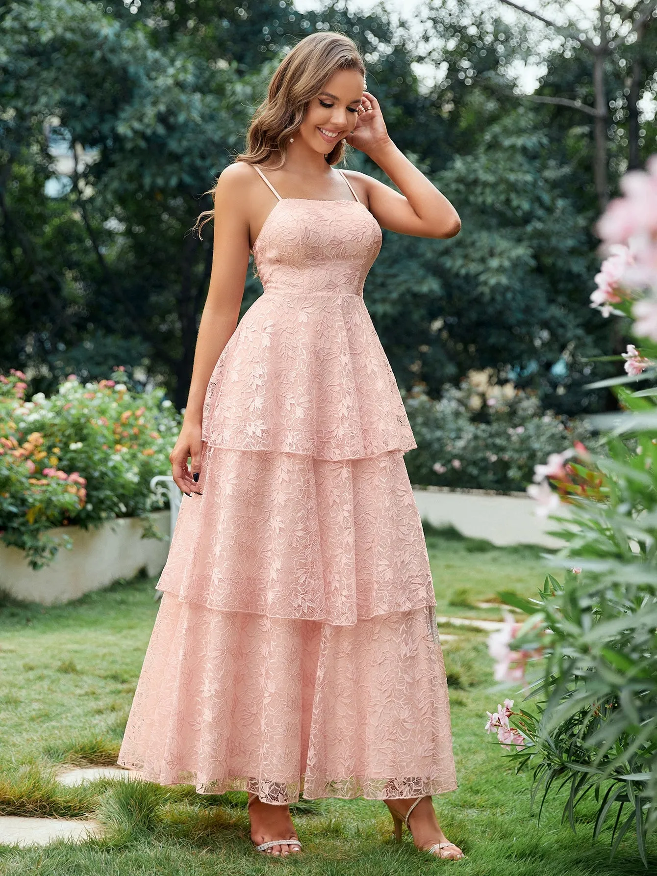 Pink Layered Hem Lace Sleeveless Maxi Cami Bridesmaid Dress