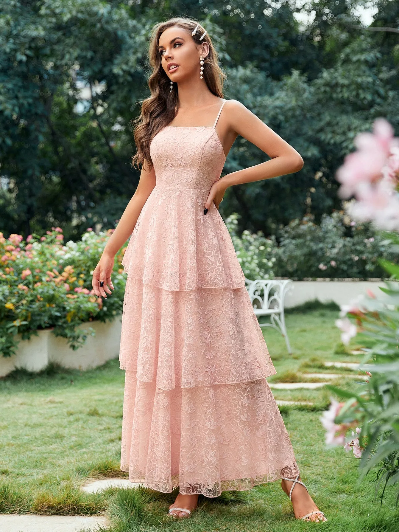 Pink Layered Hem Lace Sleeveless Maxi Cami Bridesmaid Dress