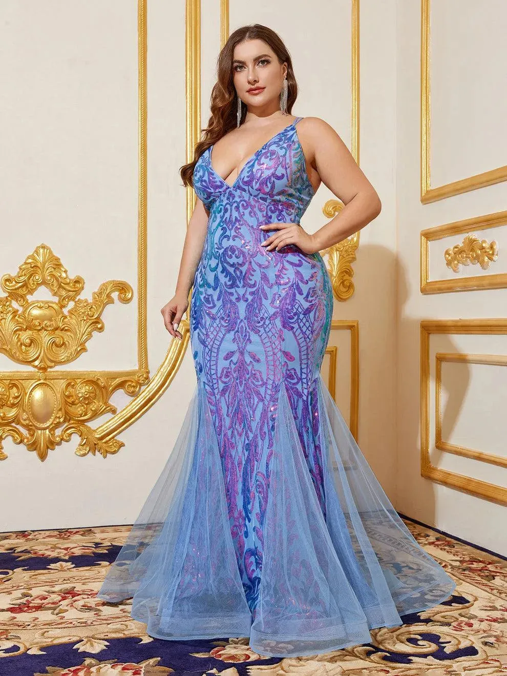 Plus Size Back Lace Up Sequin Mermaid Dress