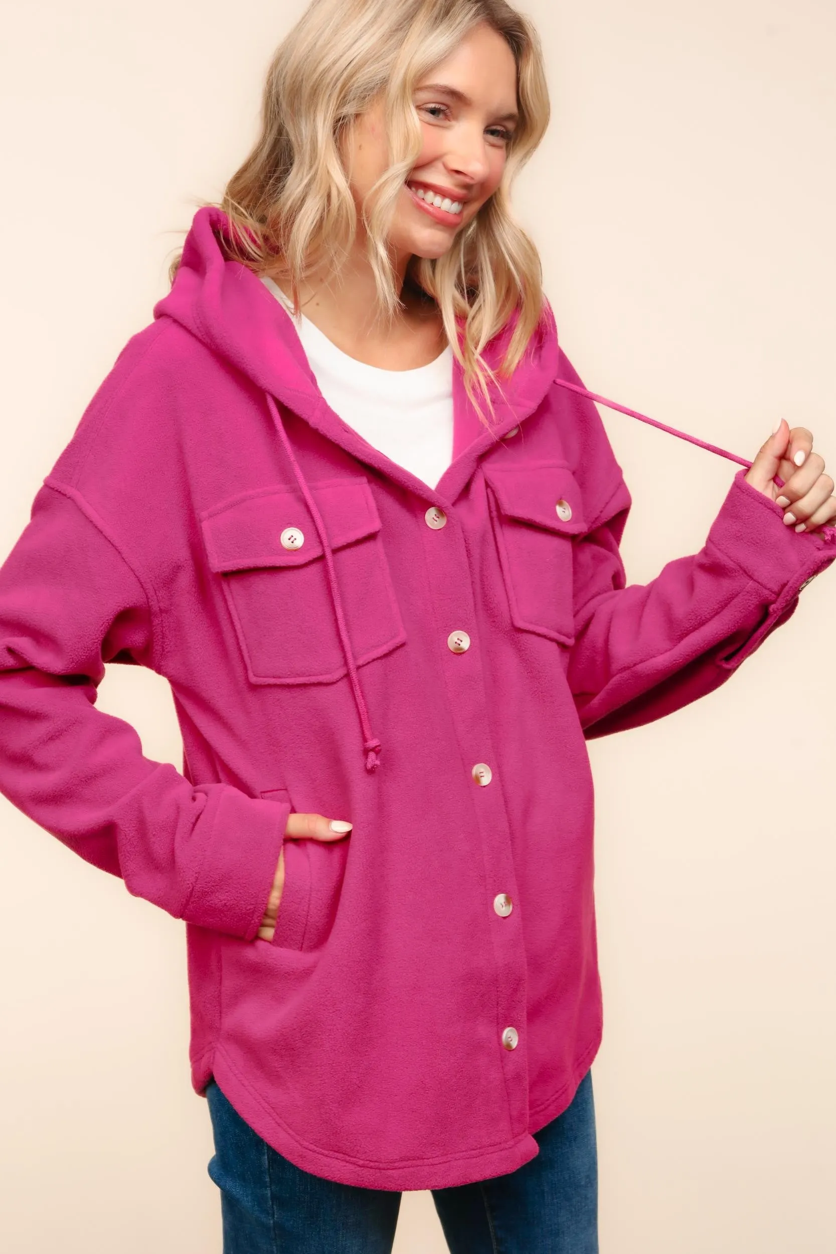 PLUS SOLID FLEECE BUTTON DOWN SHACKET WITH HOODIE
