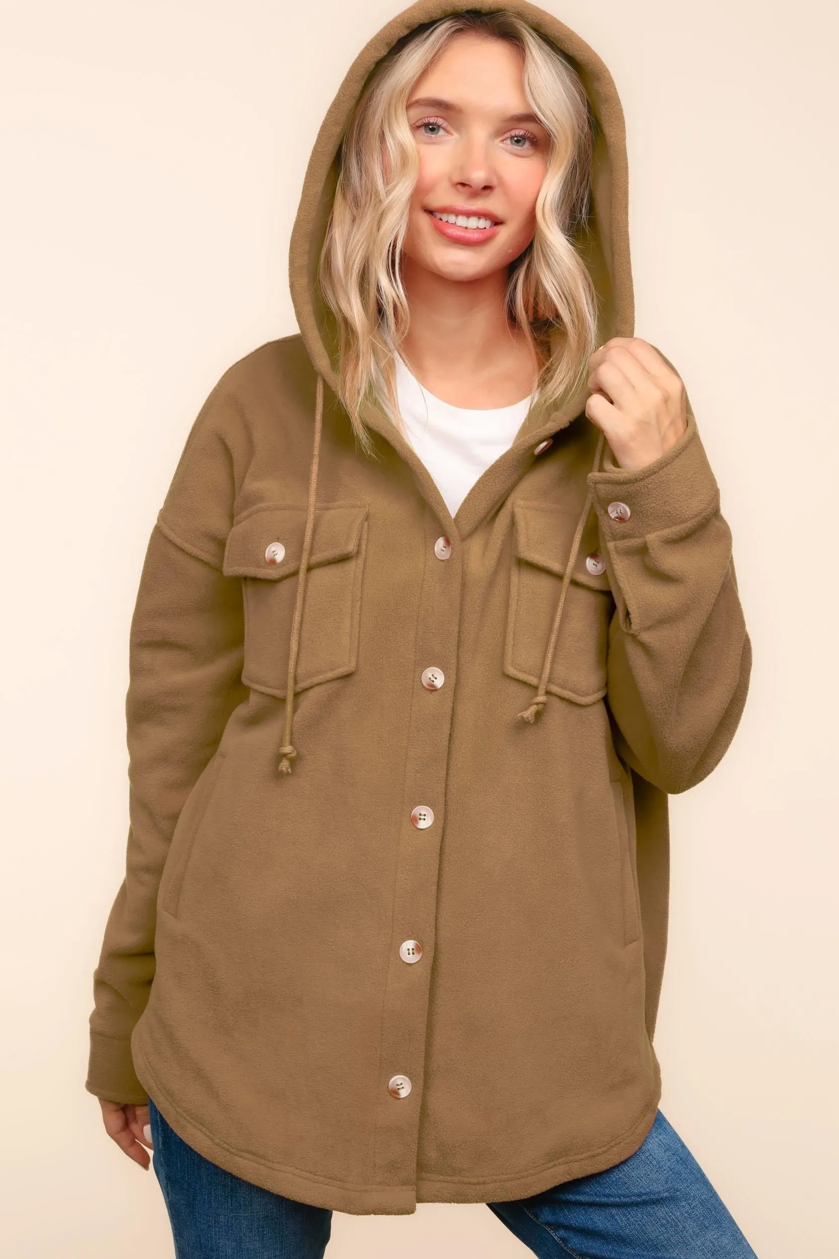 PLUS SOLID FLEECE BUTTON DOWN SHACKET WITH HOODIE