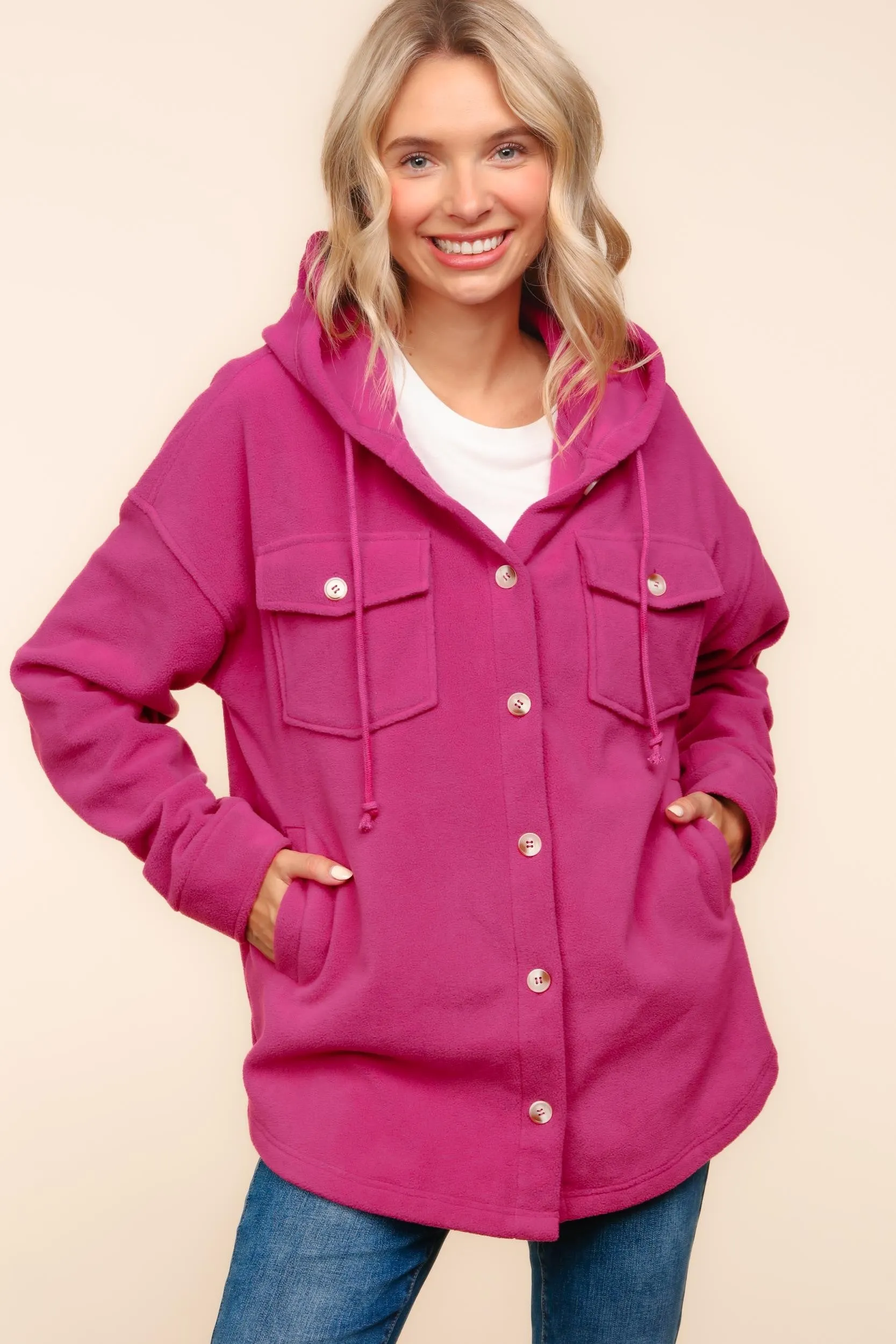 PLUS SOLID FLEECE BUTTON DOWN SHACKET WITH HOODIE