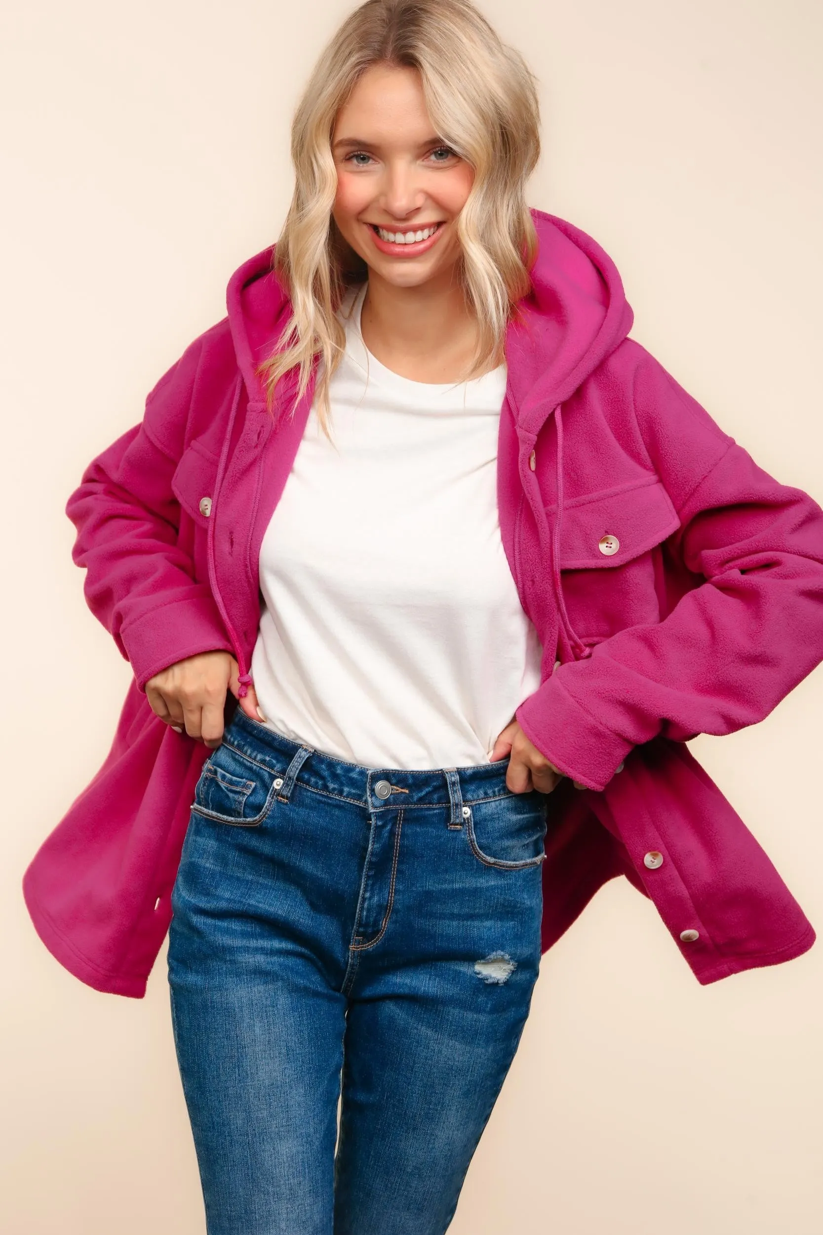 PLUS SOLID FLEECE BUTTON DOWN SHACKET WITH HOODIE