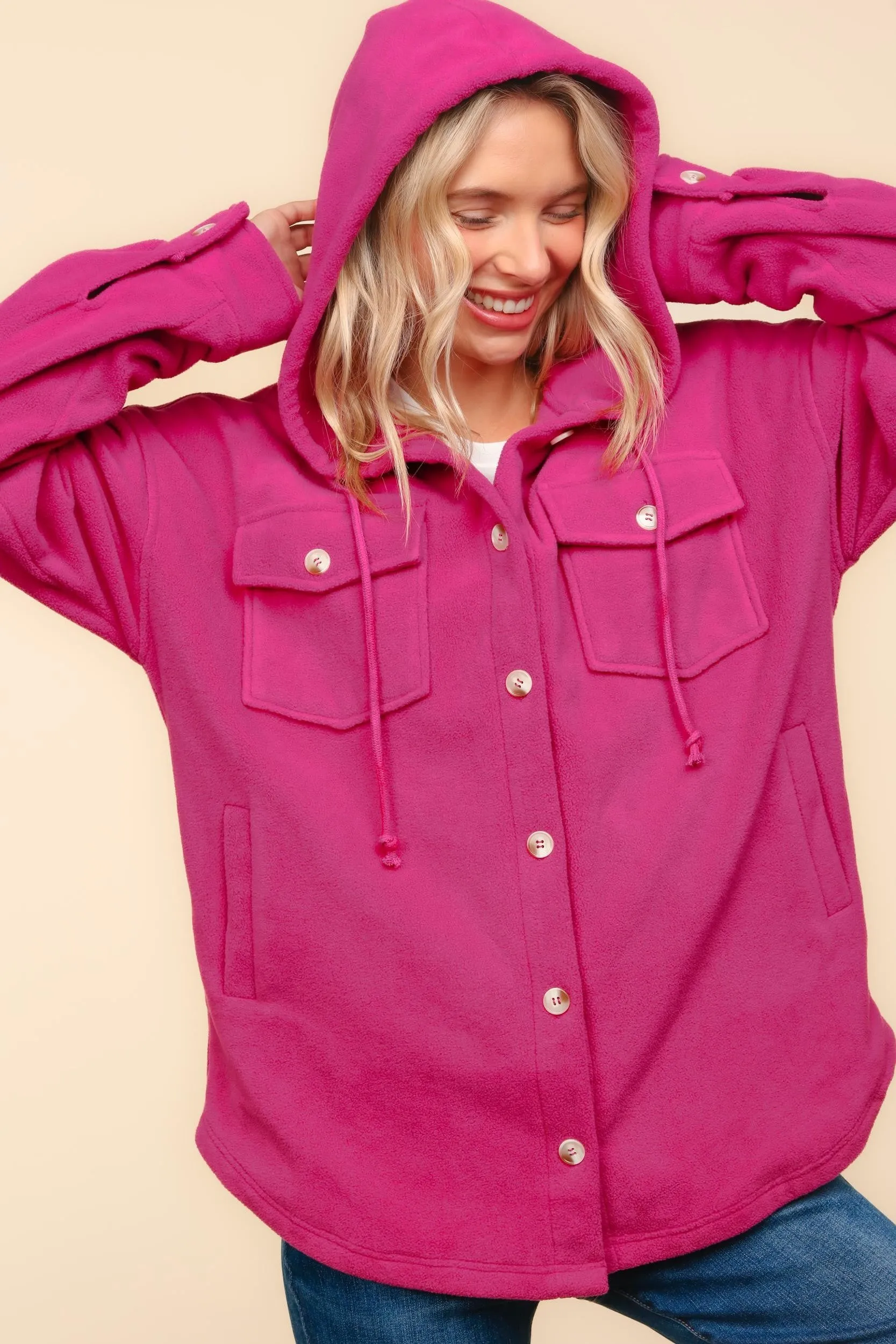 PLUS SOLID FLEECE BUTTON DOWN SHACKET WITH HOODIE