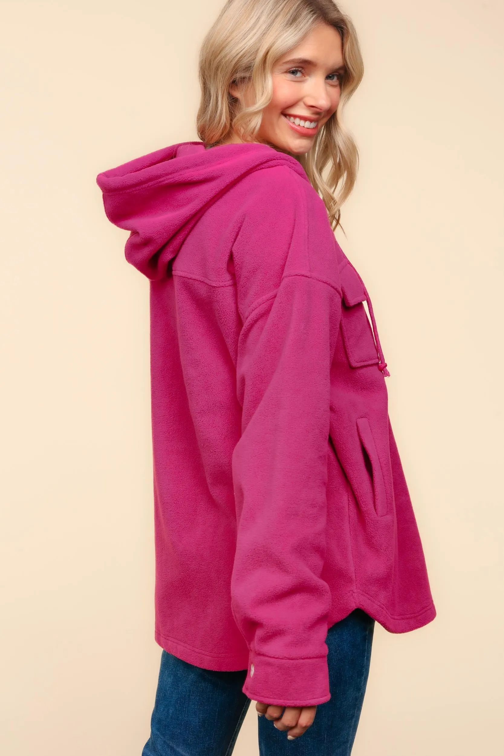 PLUS SOLID FLEECE BUTTON DOWN SHACKET WITH HOODIE