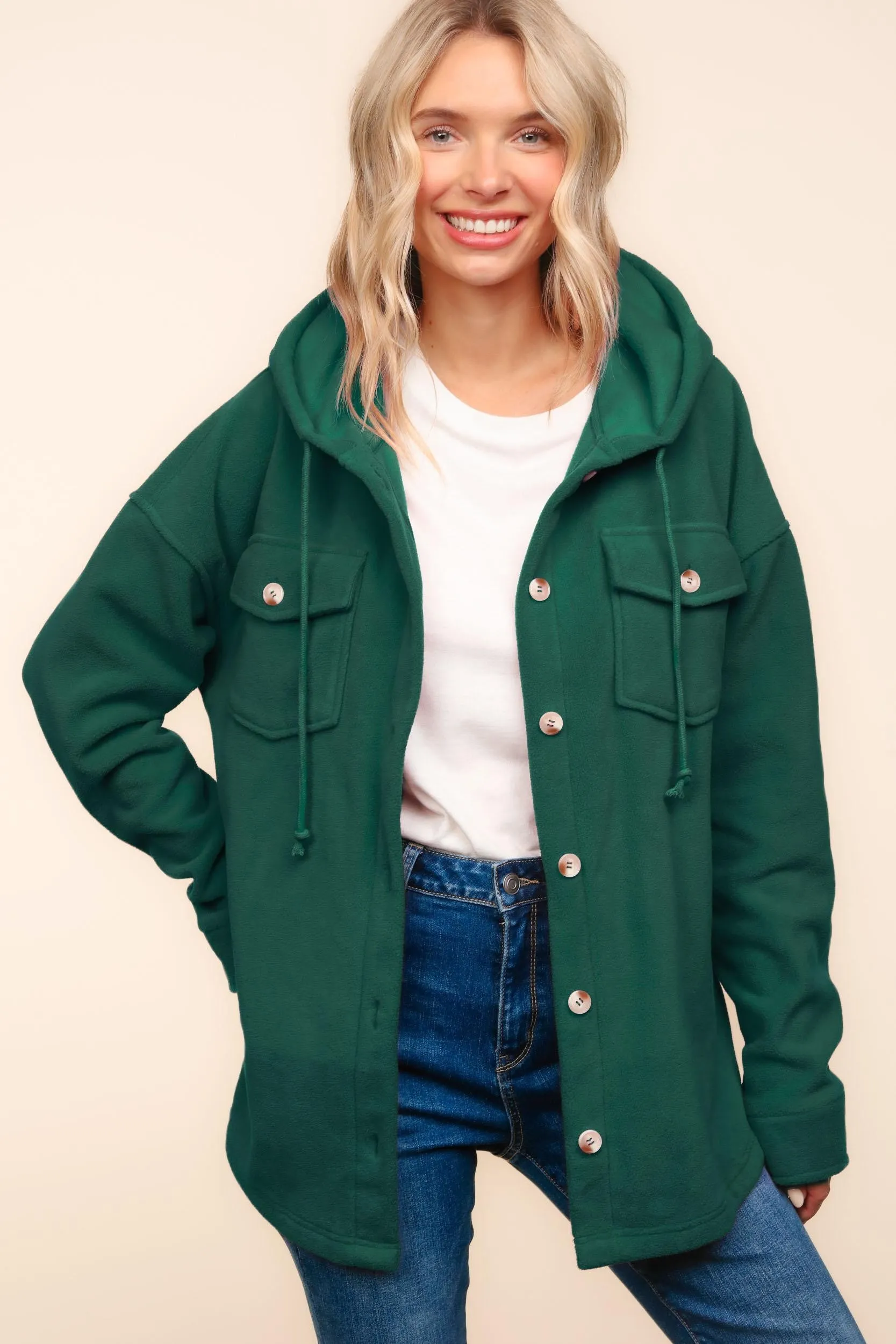 PLUS SOLID FLEECE BUTTON DOWN SHACKET WITH HOODIE