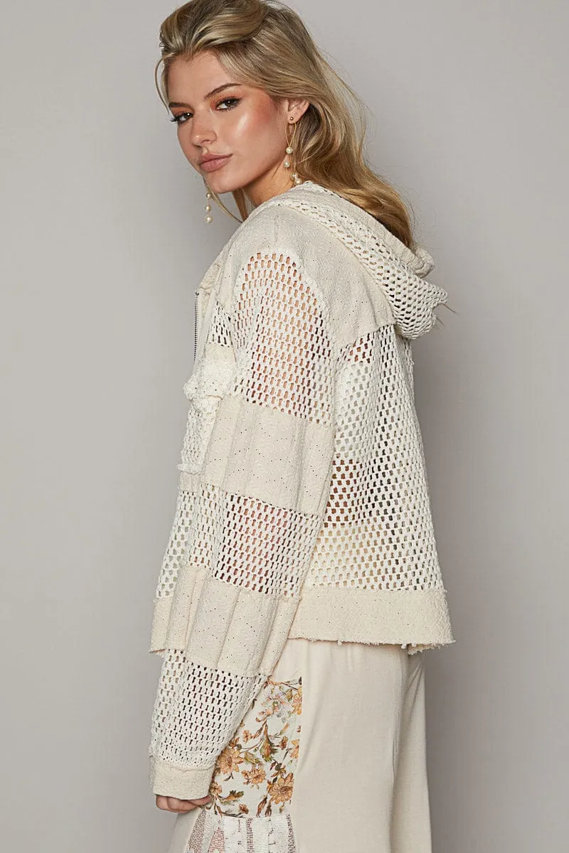 POL Balloon Sleeve Crochet and Eyelet Lace Fabric Mix Panel Cropped Hoodie Shacket