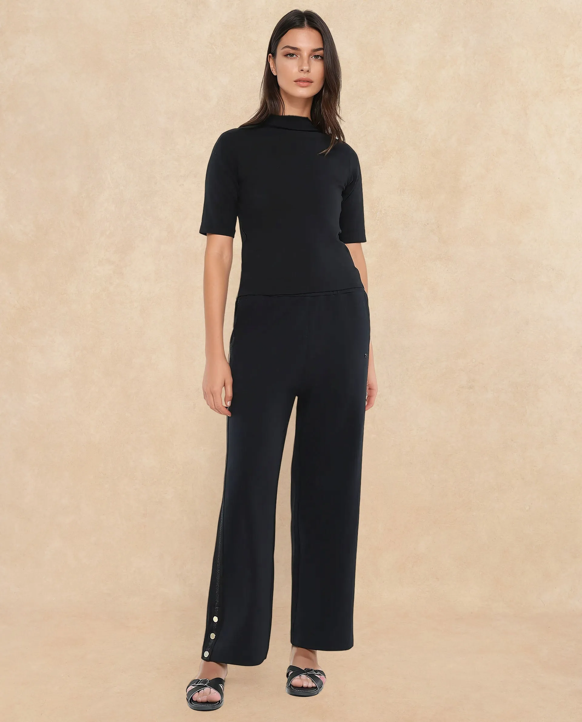Rareism Women Tappy Black Cotton Blend Fabric Straight Fit Ankle Length Plain Track Pant