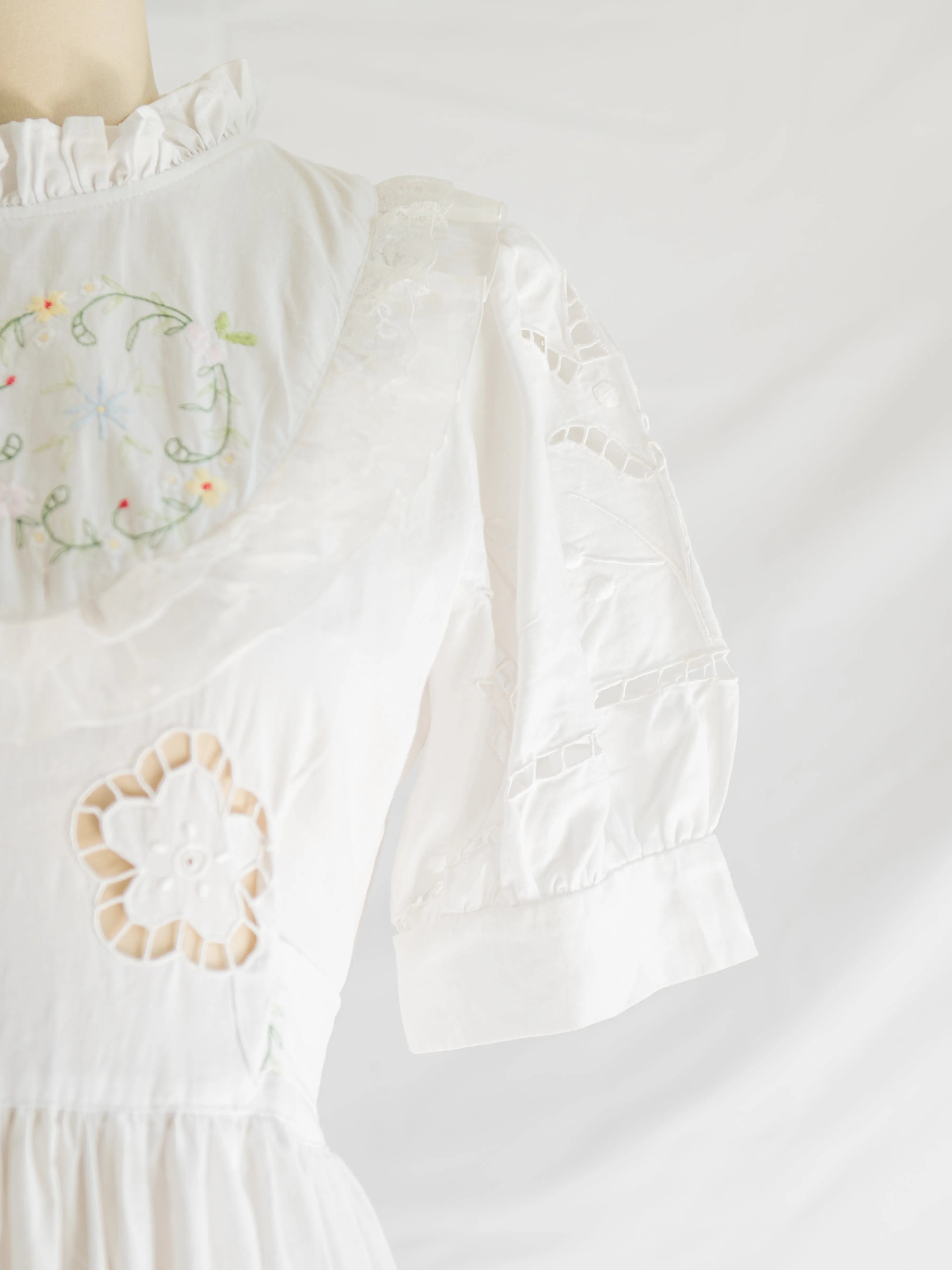 Re-design Upcycled Half Cuff Sleeves Floral Embroidery Maxi Dress
