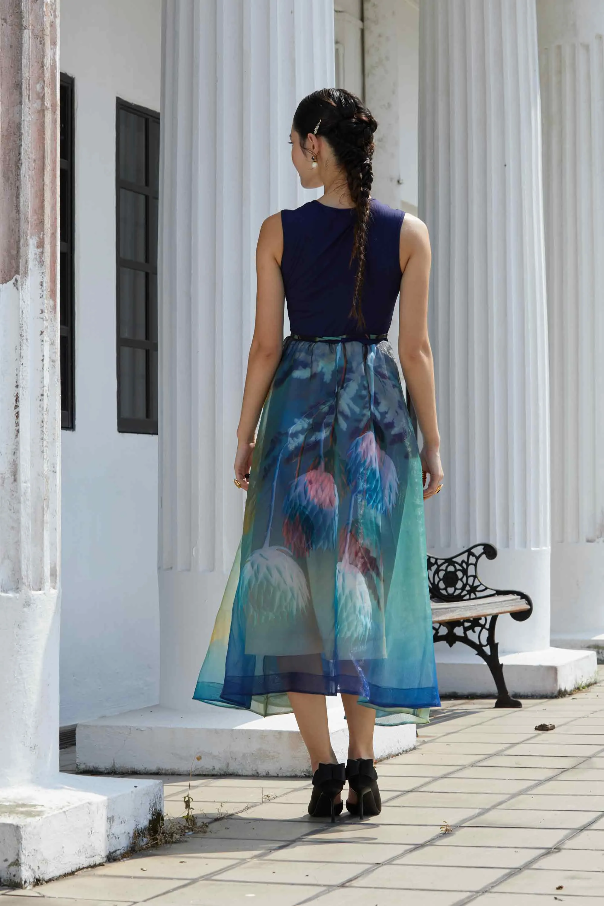 Ribbed Sleeveless Drawstring Swing Dress (Celestial)