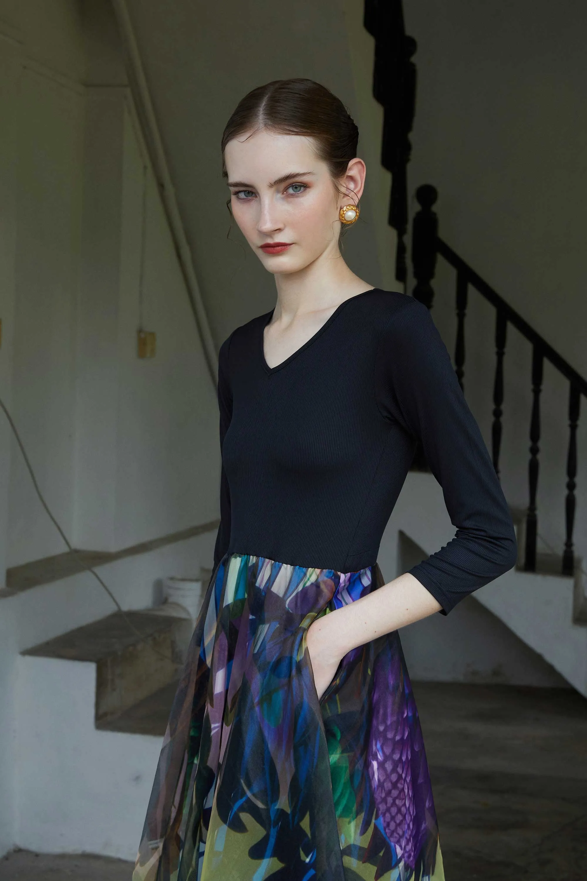 Ribbed ¾ Sleeves Drawstring Swing Dress (Remembrance)