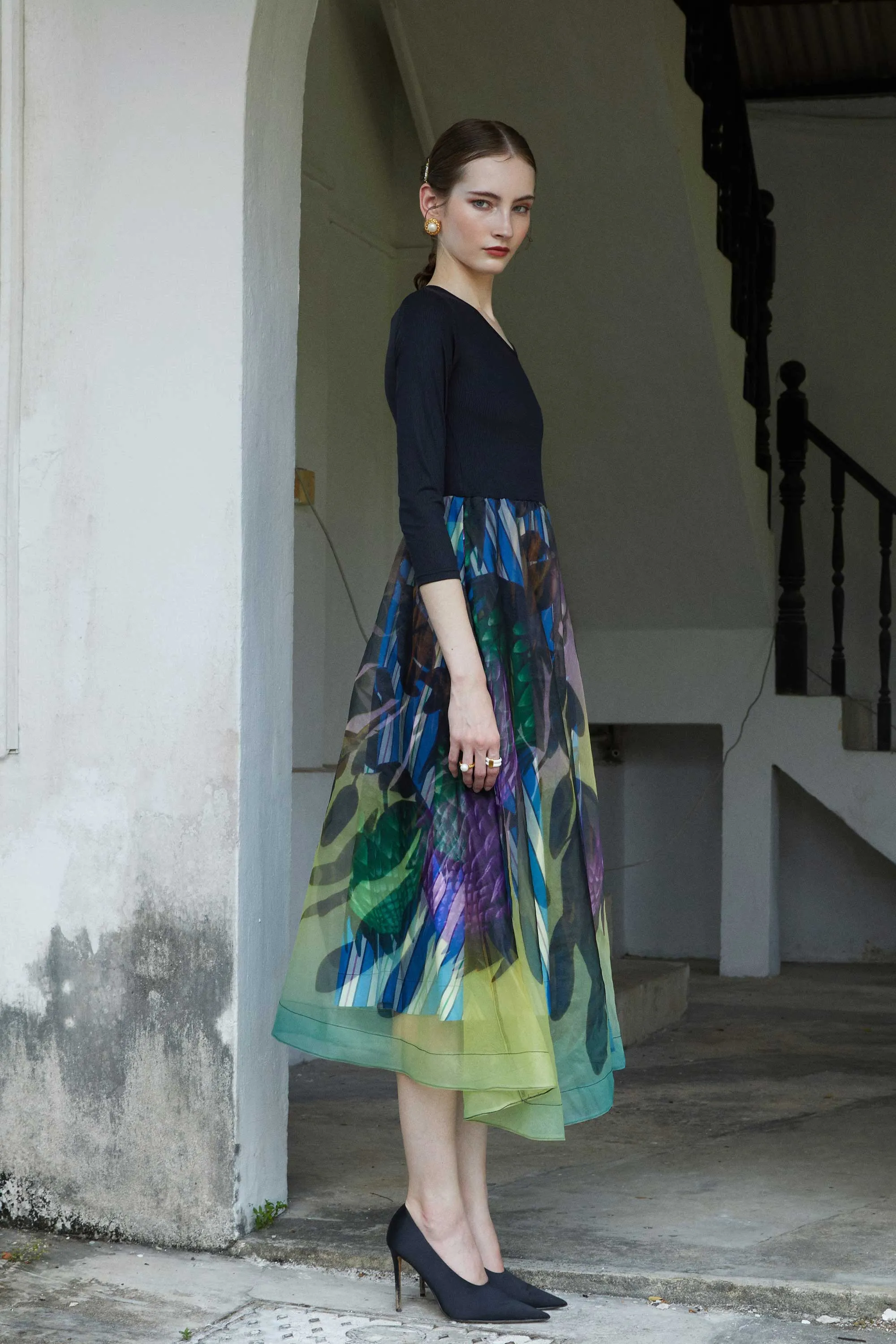Ribbed ¾ Sleeves Drawstring Swing Dress (Remembrance)