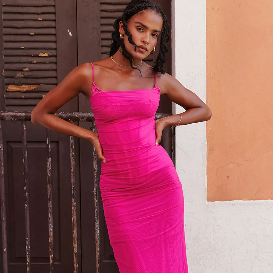 Sexy Cowl Neck Lace Bustier Sleeveless Maxi Corset Slip Dress - Hot Pink