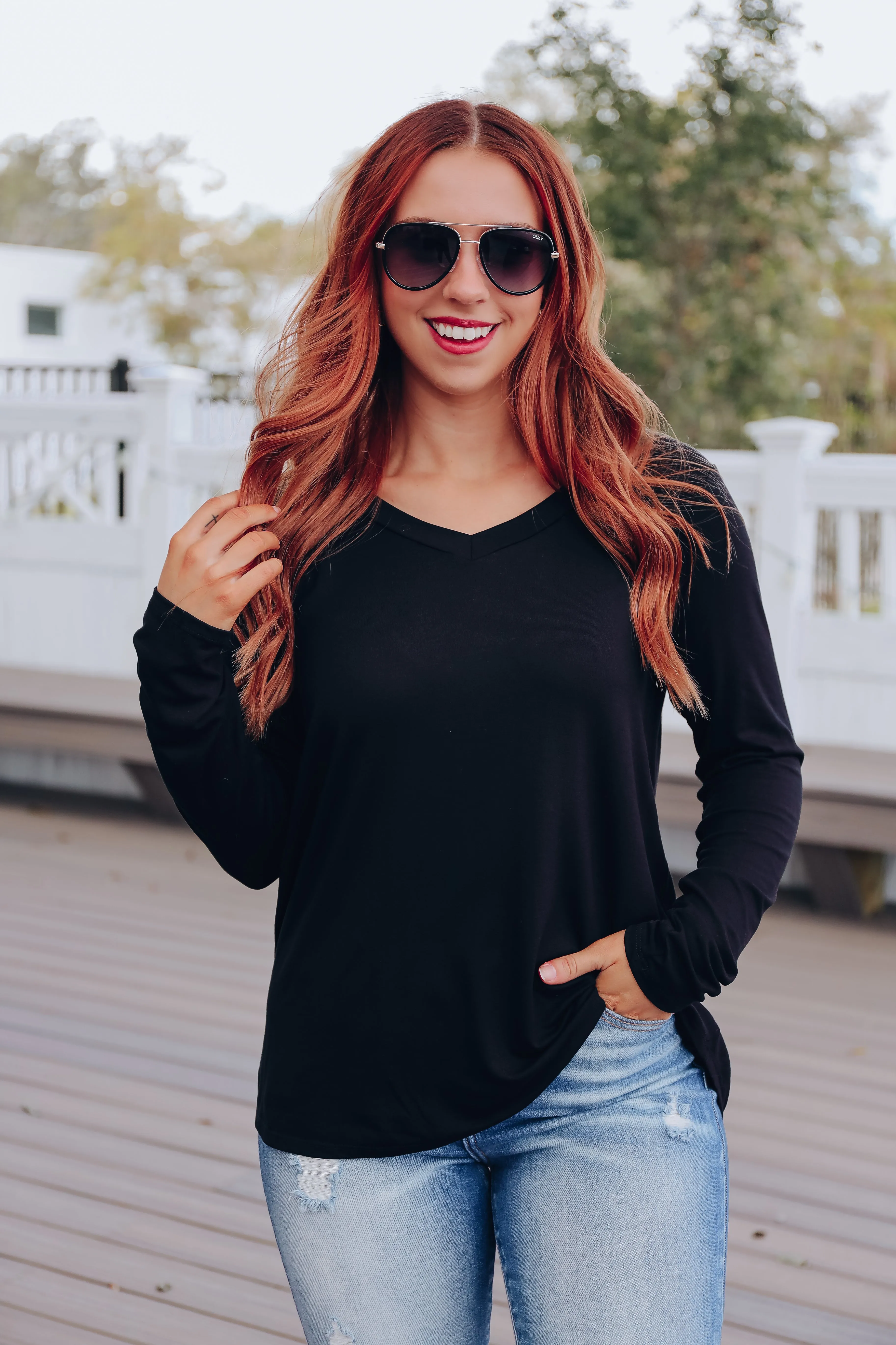Simply Essential V-Neck Long Sleeve Top - Black