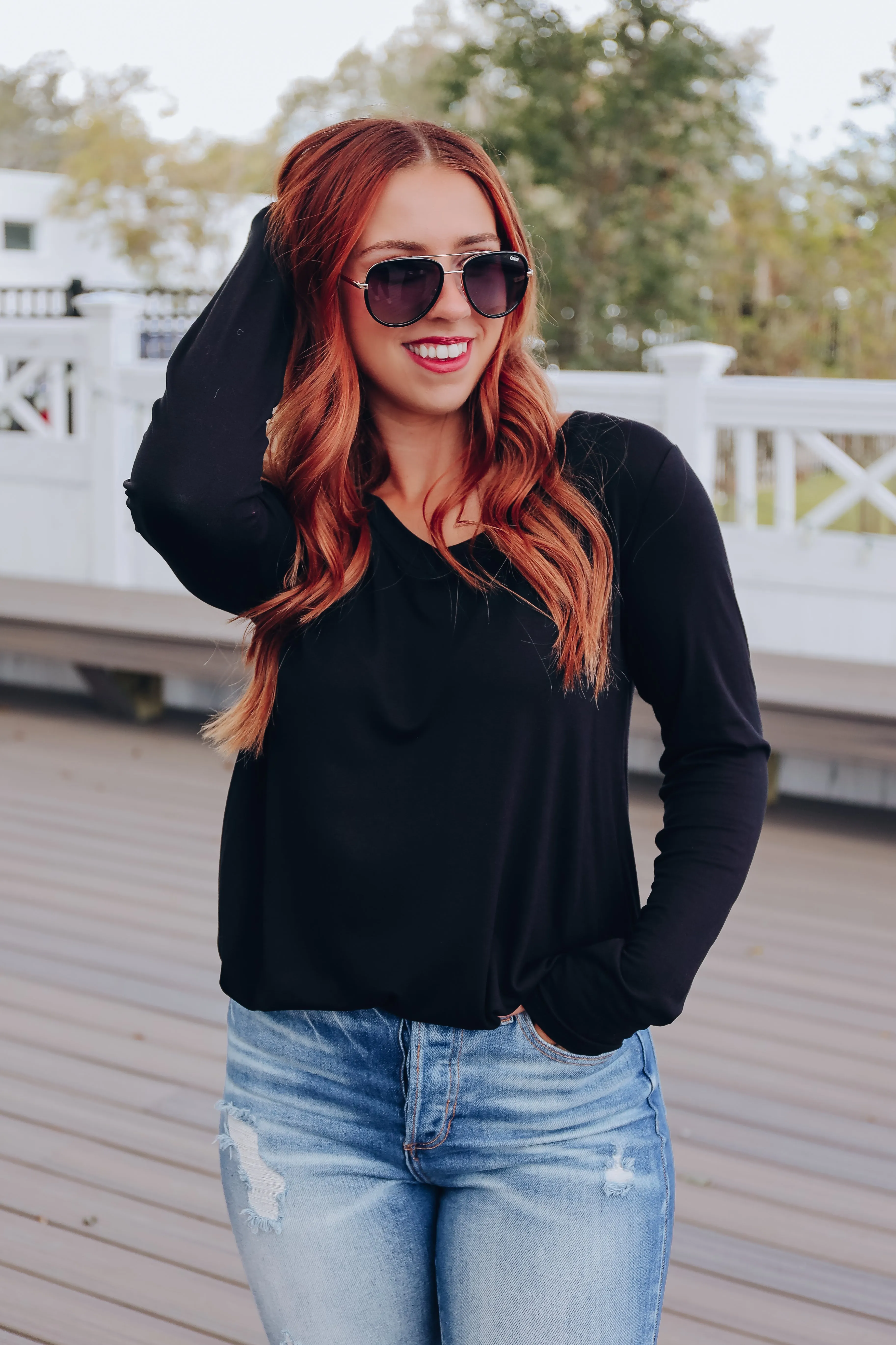 Simply Essential V-Neck Long Sleeve Top - Black