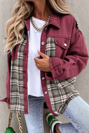 Sky Blue Plaid Patchwork Pockets Denim Jacket