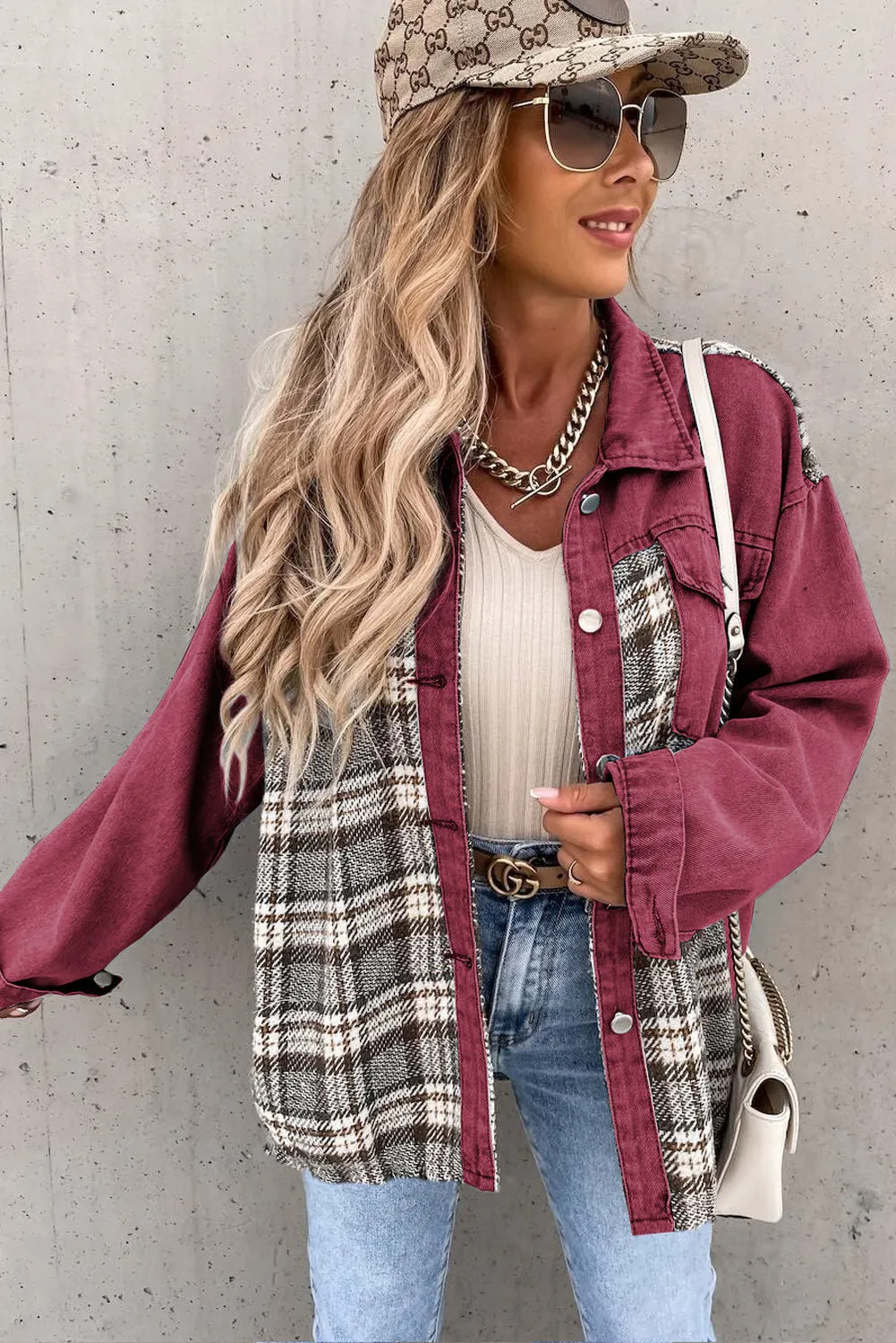 Sky Blue Plaid Patchwork Pockets Denim Jacket