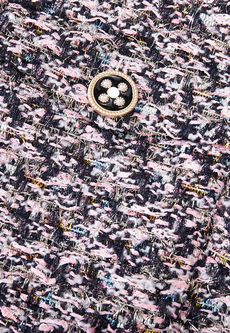 Stand-collar Mixed Tweed Frayed-detail Coat