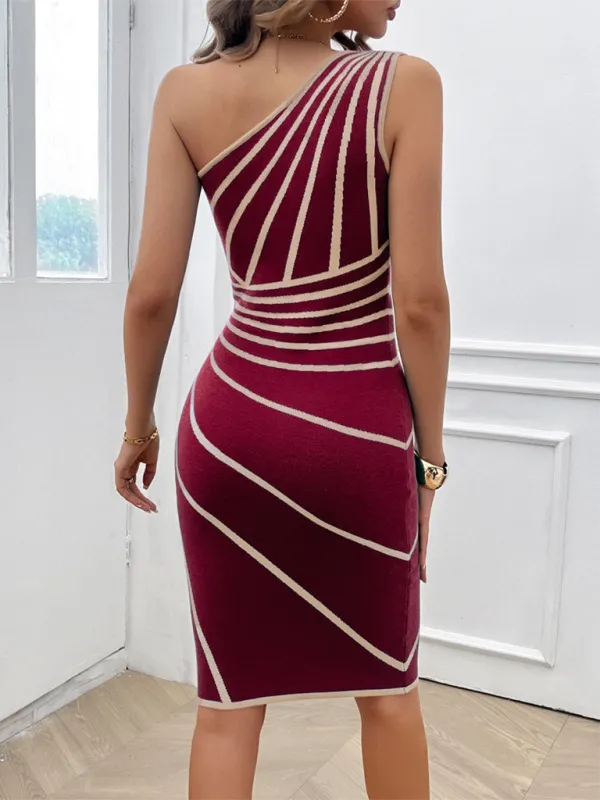 TEEK - Striped Hip Wrapped Slit Sweater Dress