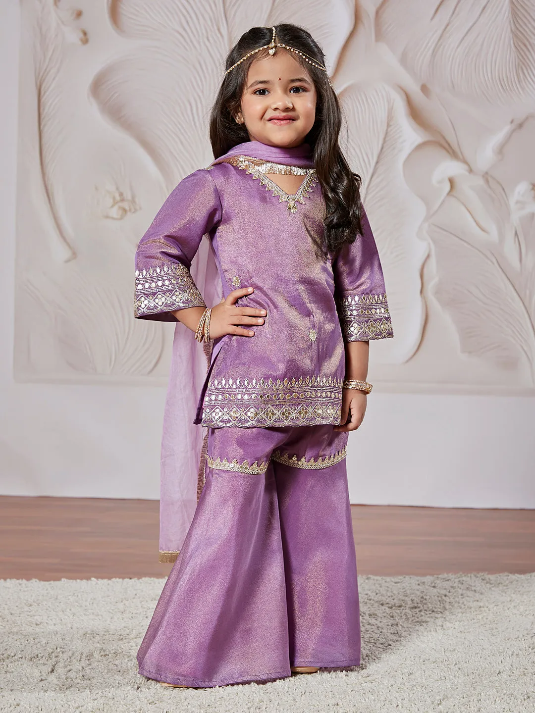 VASTRAMAY Girls' lavender Kurta Sharara And Dupatta Set