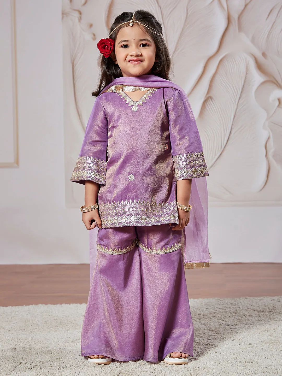 VASTRAMAY Girls' lavender Kurta Sharara And Dupatta Set