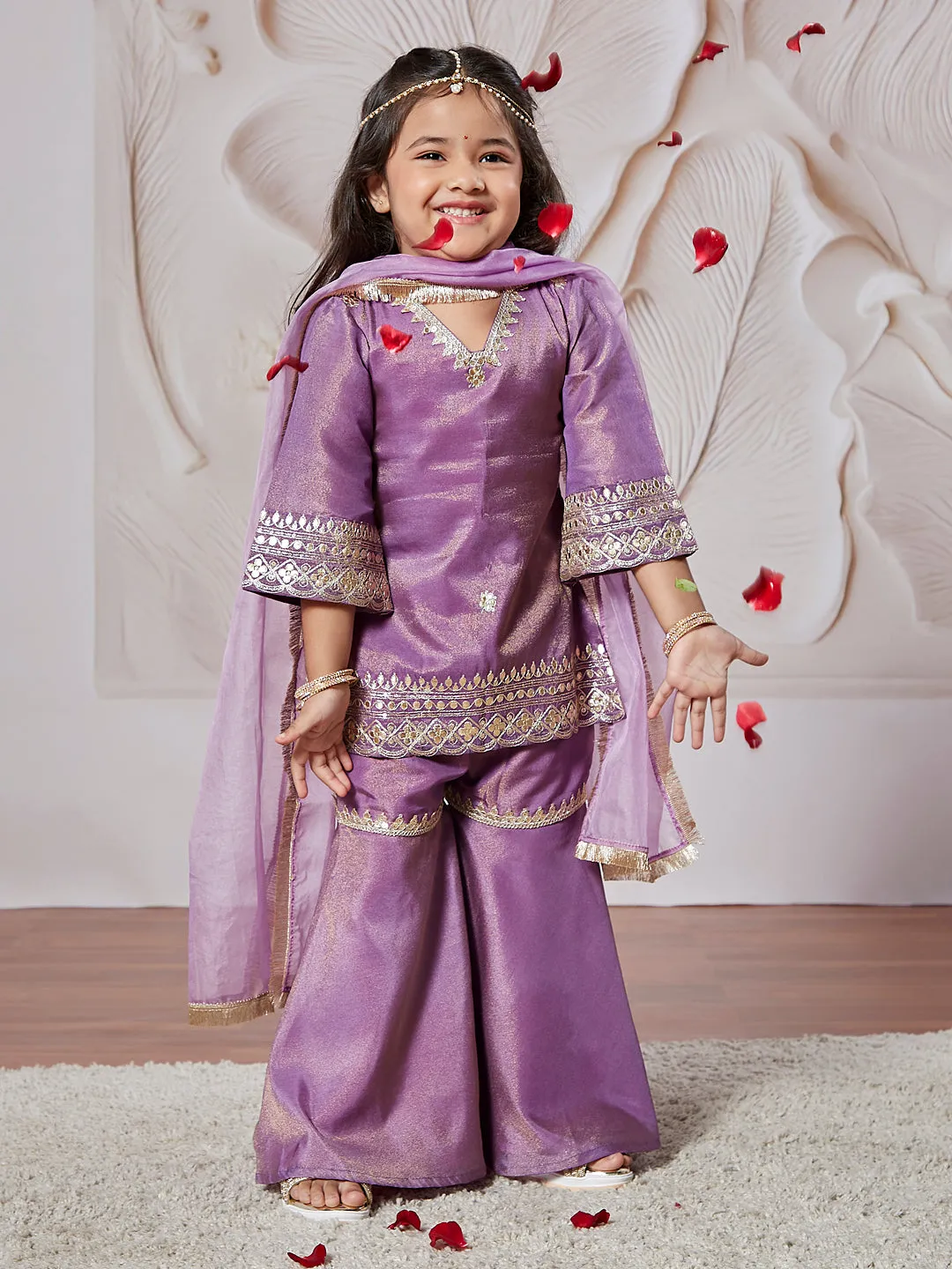 VASTRAMAY Girls' lavender Kurta Sharara And Dupatta Set