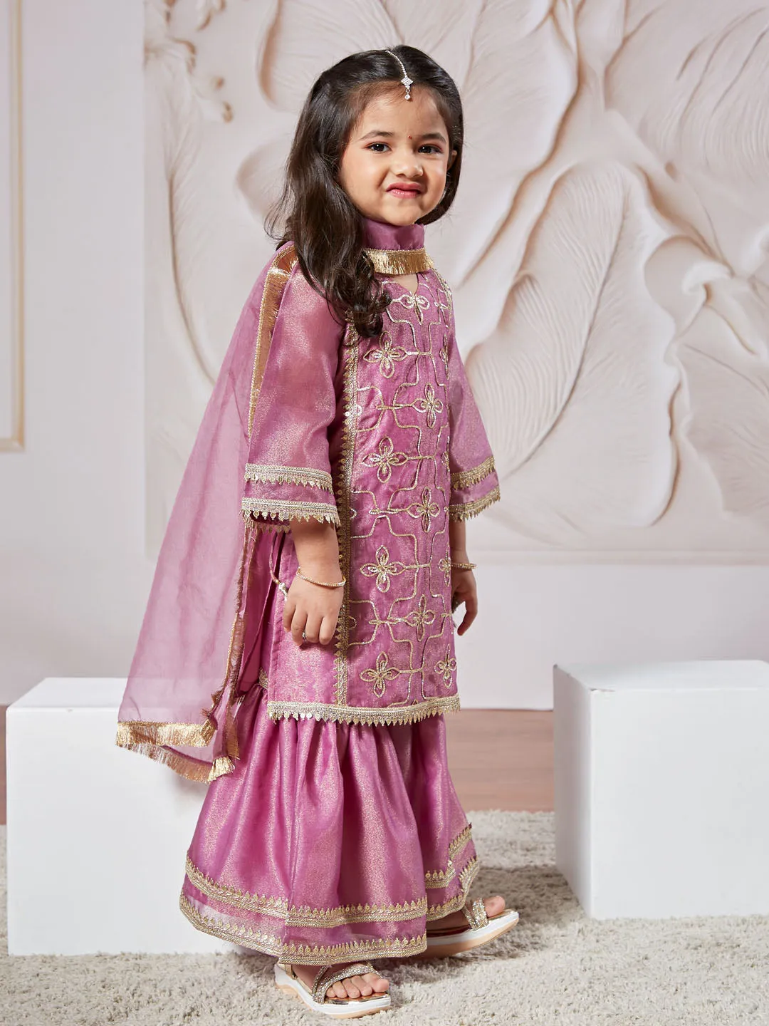 VASTRAMAY Girls' Purple Kurta Sharara Set With Dupatta