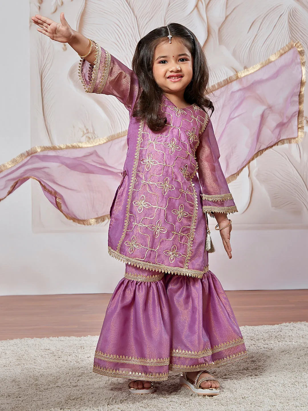 VASTRAMAY Girls' Purple Kurta Sharara Set With Dupatta