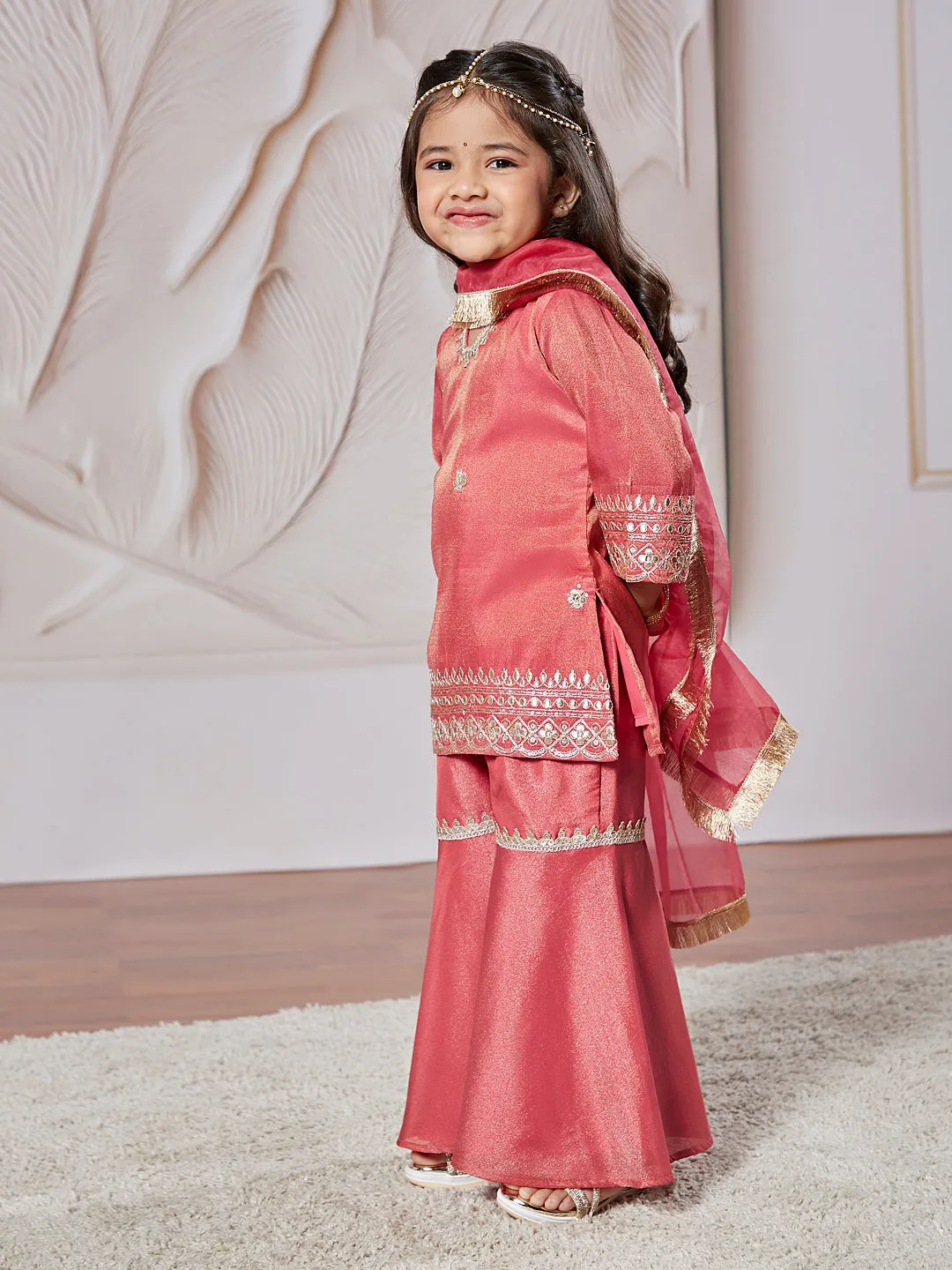 VASTRAMAY Girls' Rose Pink Kurta Sharara And Dupatta Set