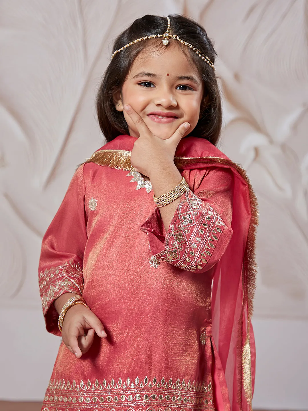 VASTRAMAY Girls' Rose Pink Kurta Sharara And Dupatta Set