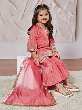 VASTRAMAY Girls' Rose Pink Kurta Sharara And Dupatta Set