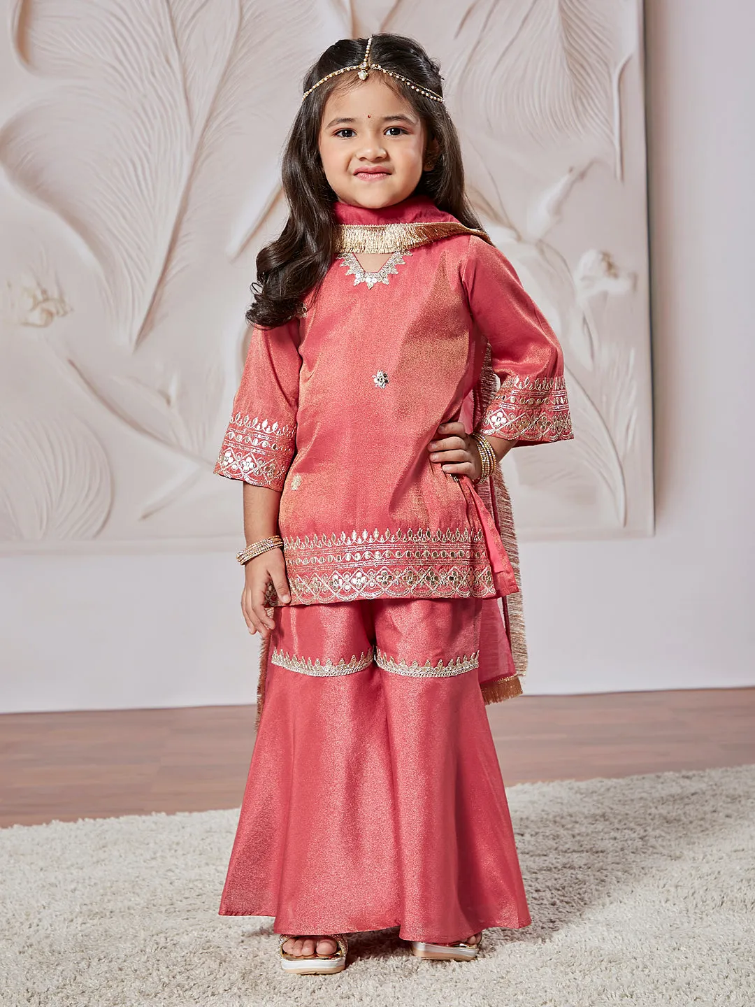VASTRAMAY Girls' Rose Pink Kurta Sharara And Dupatta Set
