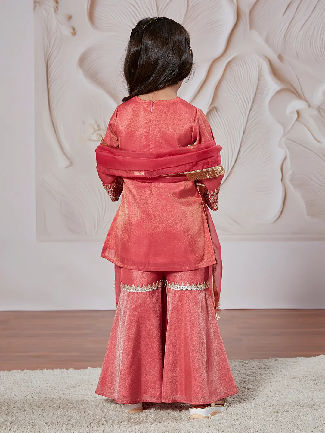VASTRAMAY Girls' Rose Pink Kurta Sharara And Dupatta Set