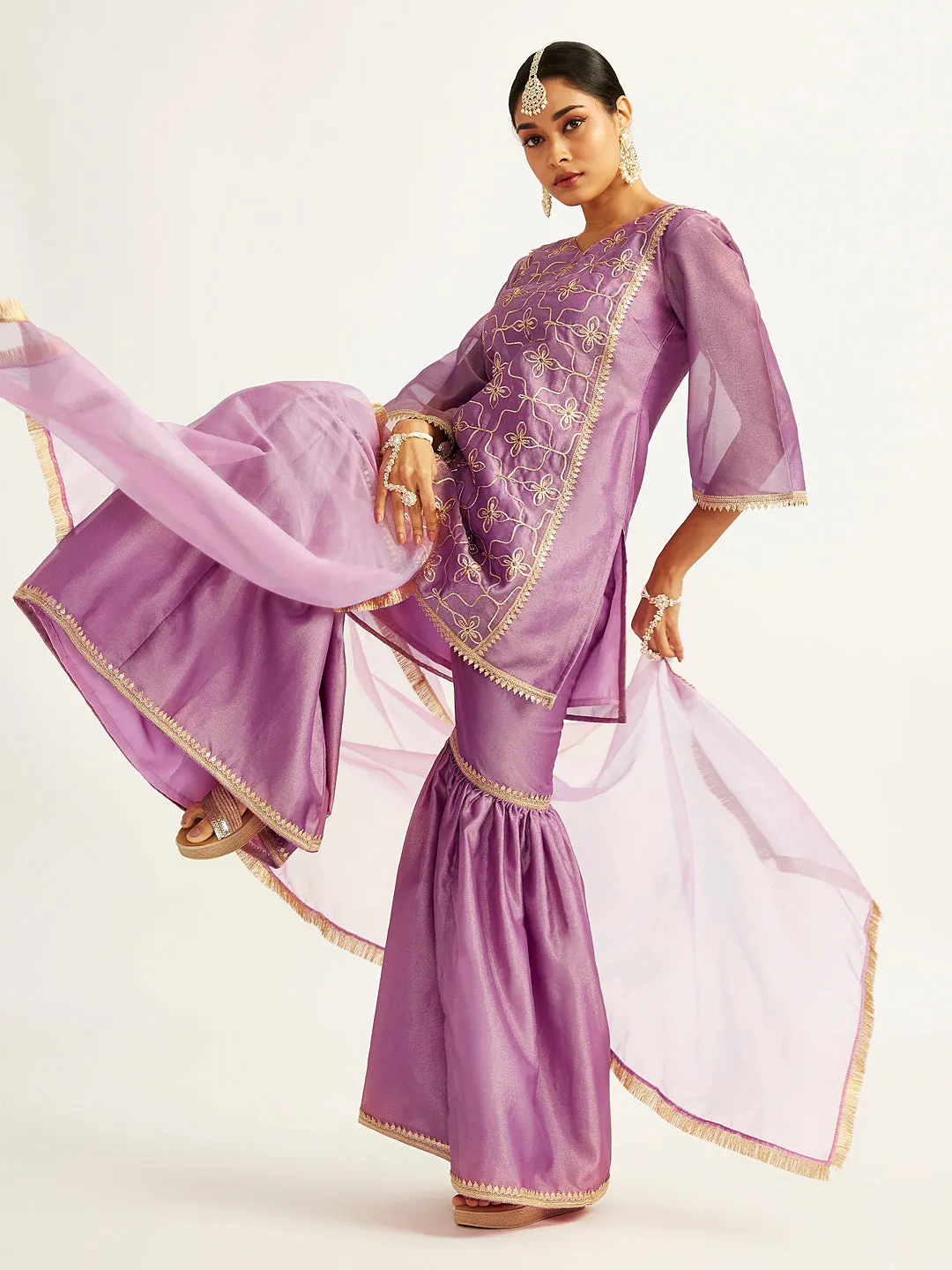 VASTRAMAY Women's Purple Kurta Sharara Set