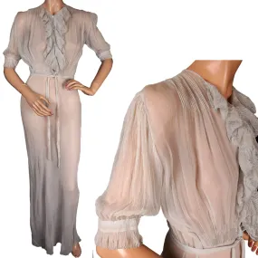 Vintage 1930s Blue Silk Chiffon Nightgown - M