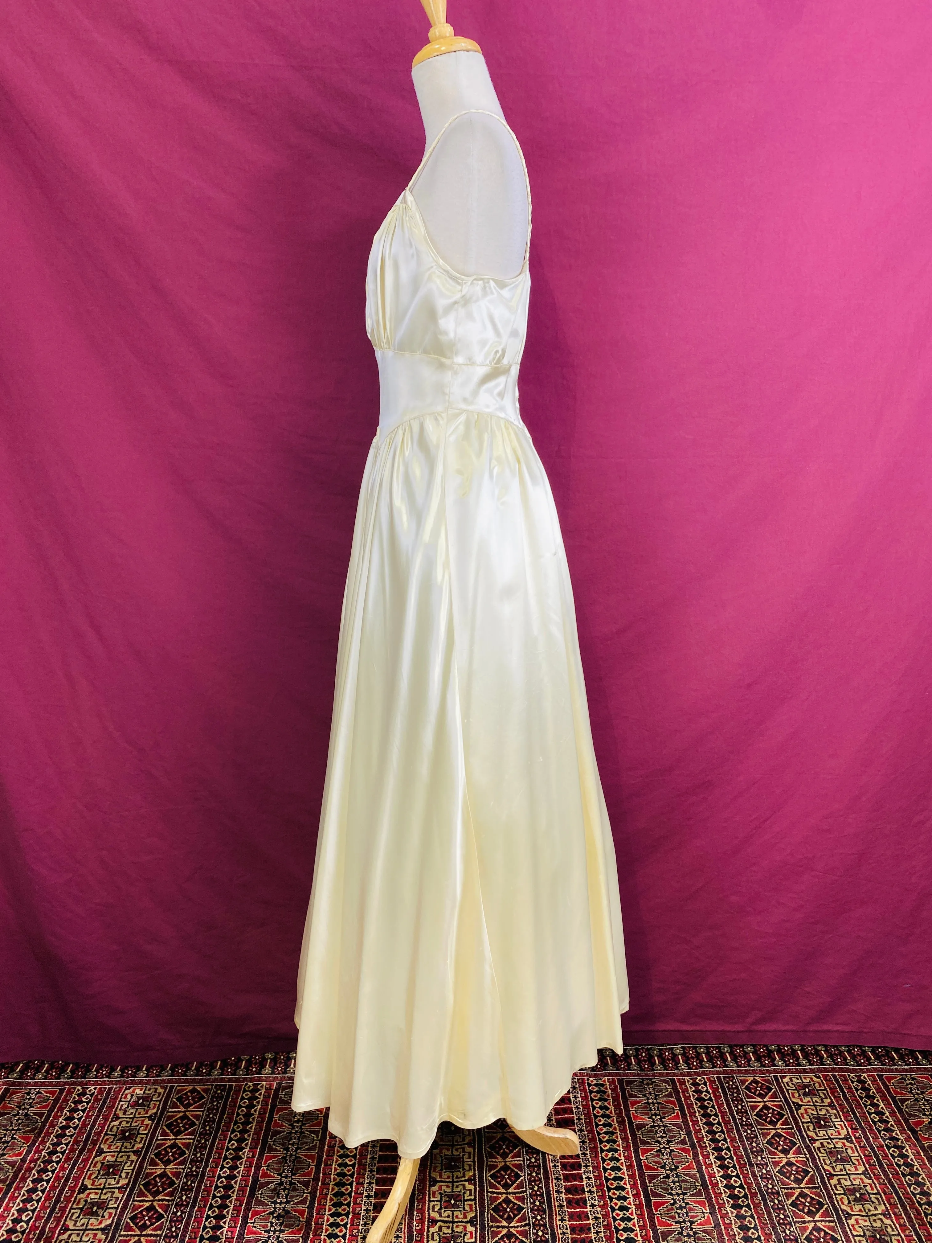 Vintage 1940s Liquid Satin Ivory Wedding Dress with Braided Straps, S-M