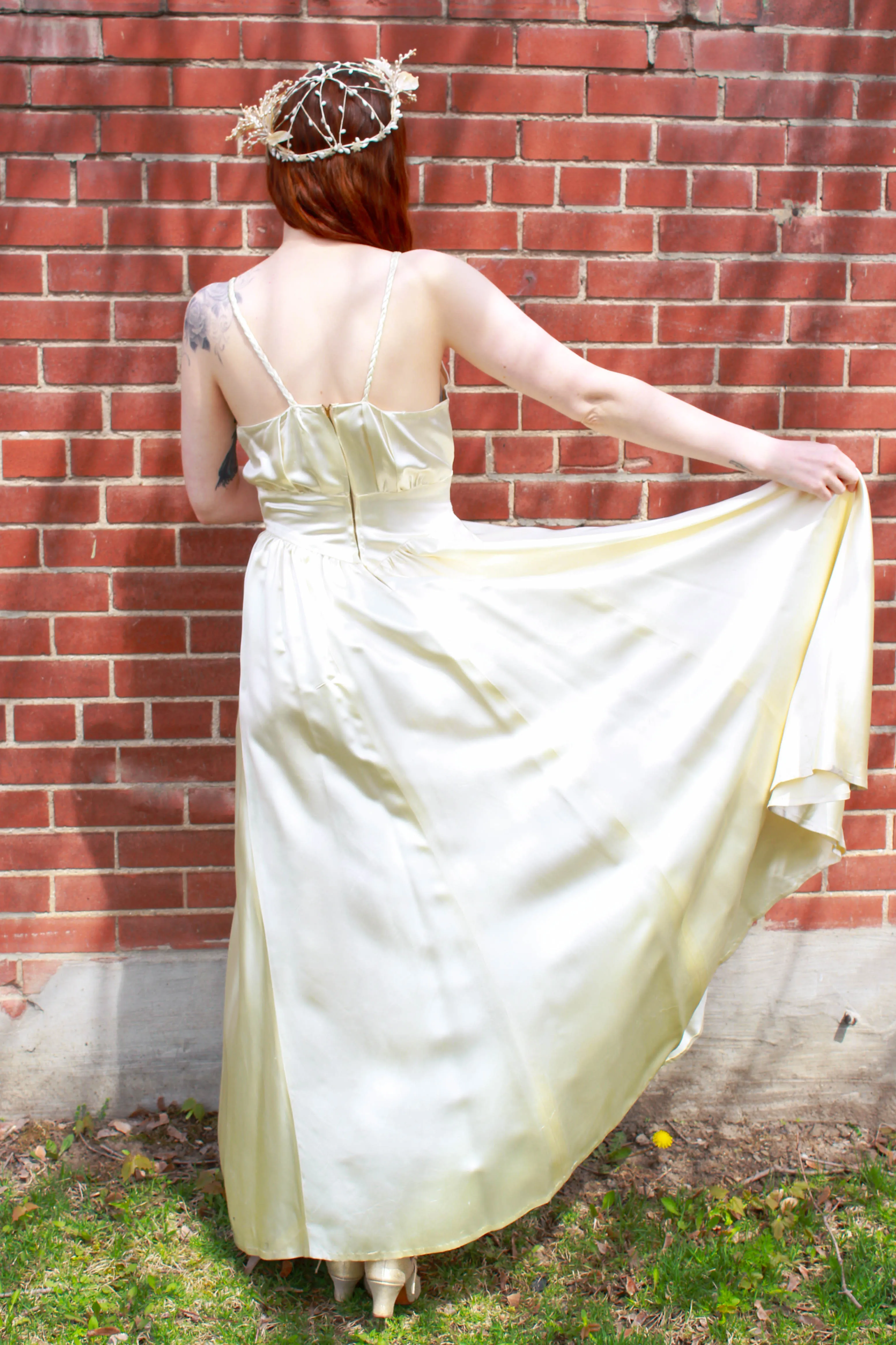 Vintage 1940s Liquid Satin Ivory Wedding Dress with Braided Straps, S-M