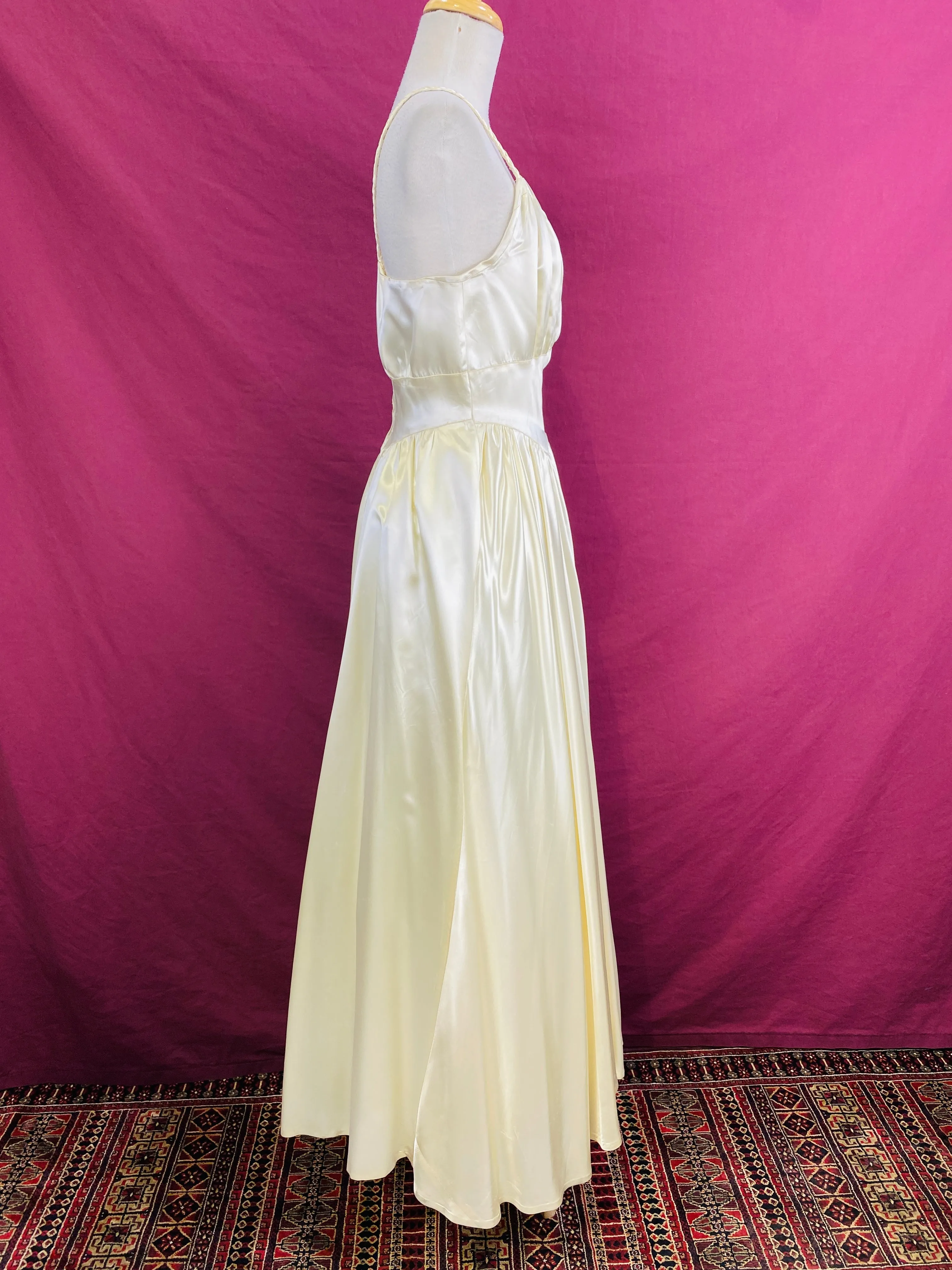 Vintage 1940s Liquid Satin Ivory Wedding Dress with Braided Straps, S-M