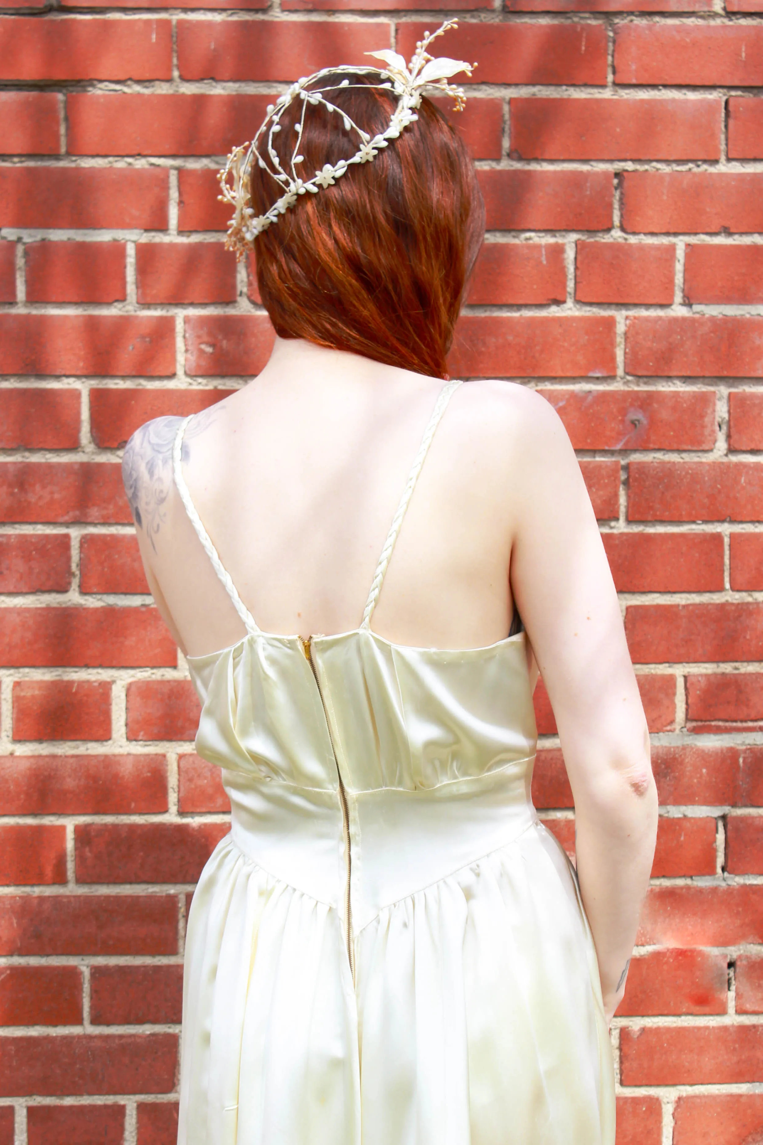 Vintage 1940s Liquid Satin Ivory Wedding Dress with Braided Straps, S-M