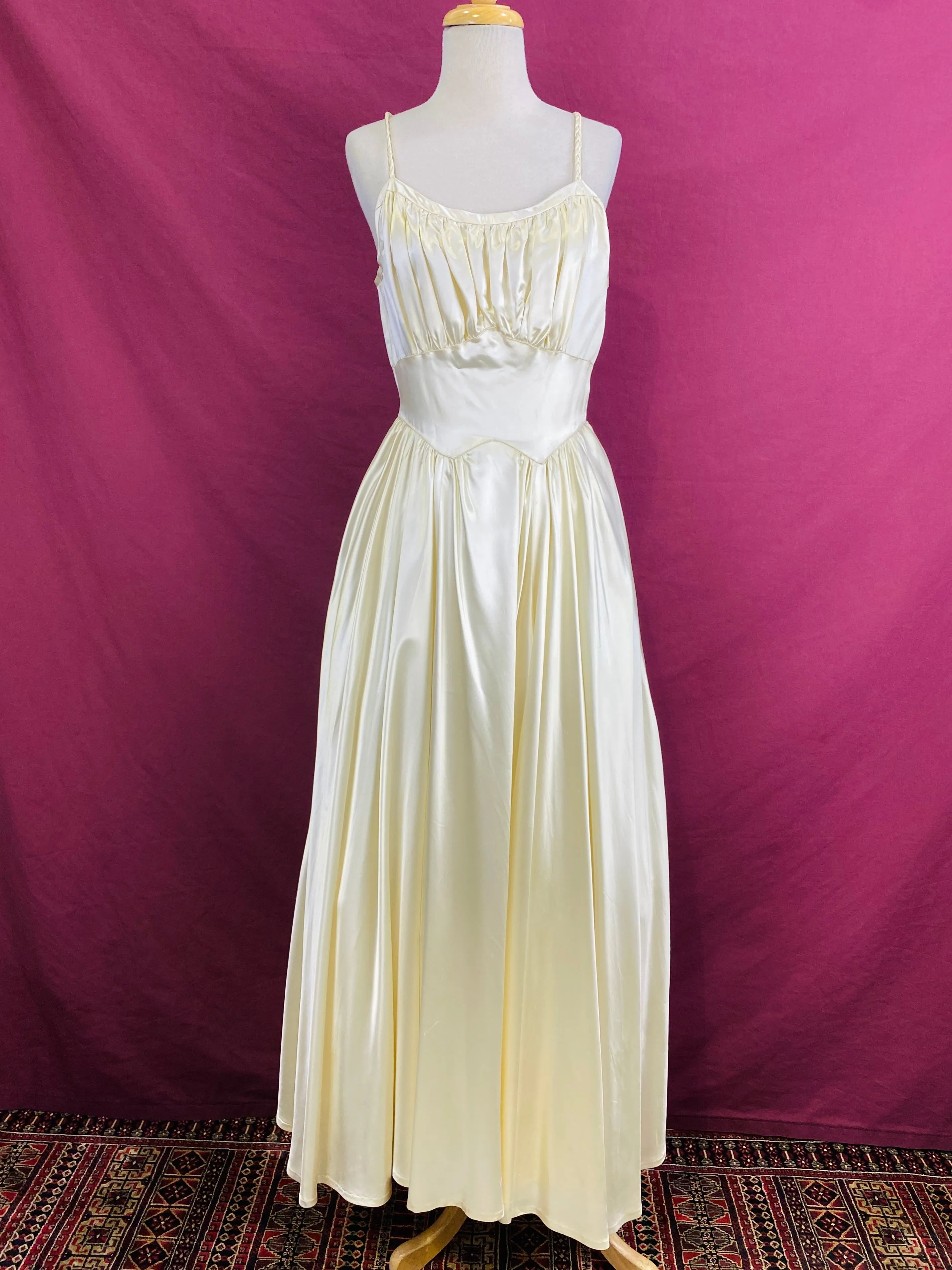 Vintage 1940s Liquid Satin Ivory Wedding Dress with Braided Straps, S-M