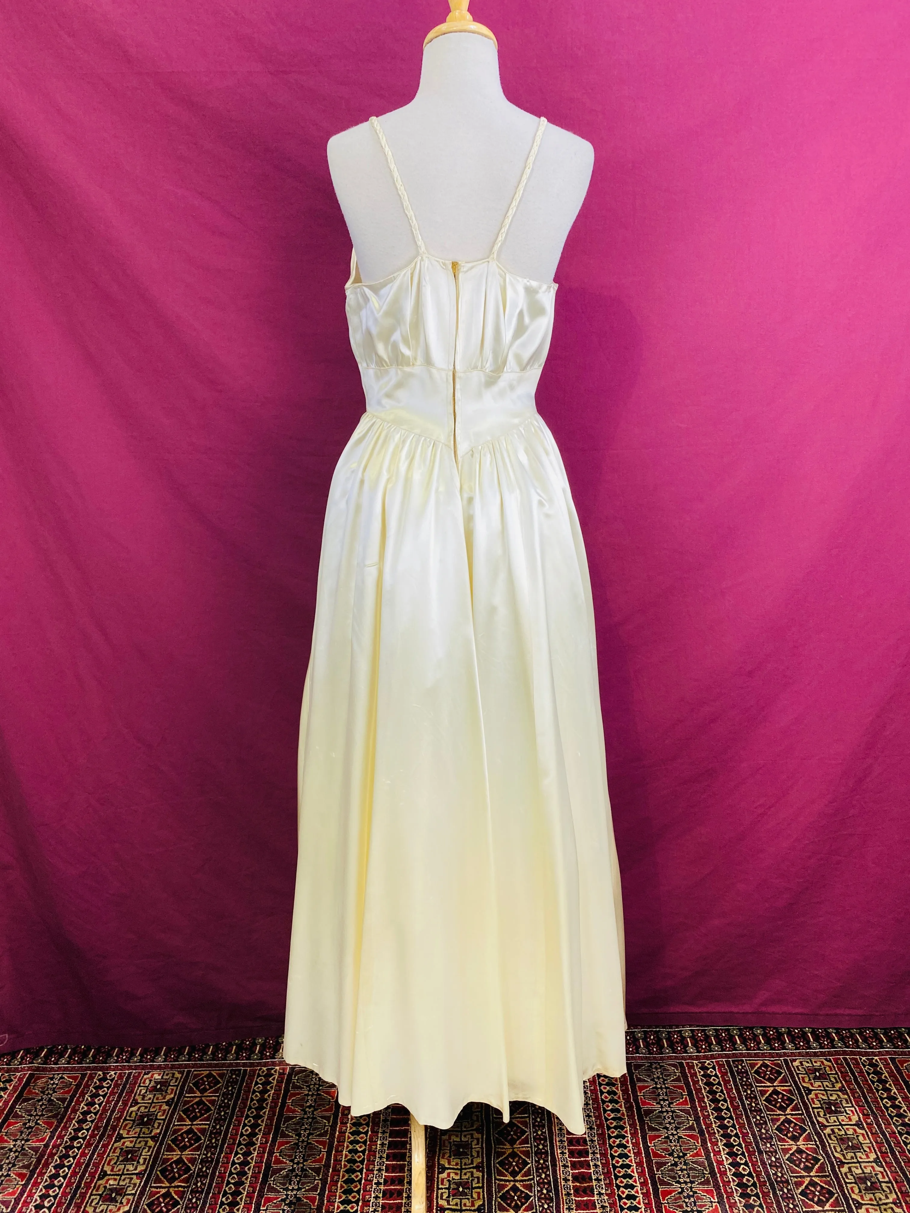 Vintage 1940s Liquid Satin Ivory Wedding Dress with Braided Straps, S-M